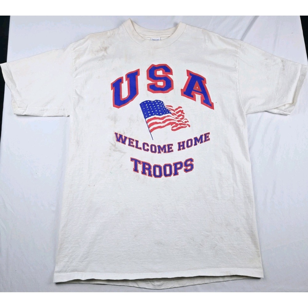Single Stitch USA America T-Shirt Welcome Home Troops Flag Grunge Patriotic XL - Picture 1 of 8